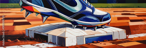 Close Up Baseball Cleat Stepping on Home Plate on Clay Infield, Dynamic Sports Illustration of Game Action and Competition
