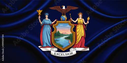 New York State flag waving fabric with detailed coat of arms, eagle, Excelsior banner and blue satin folds background