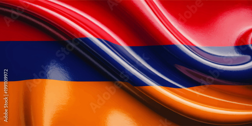 Glossy Armenia flag background with flowing satin waves, vibrant red blue orange abstract texture and reflective fabric design
