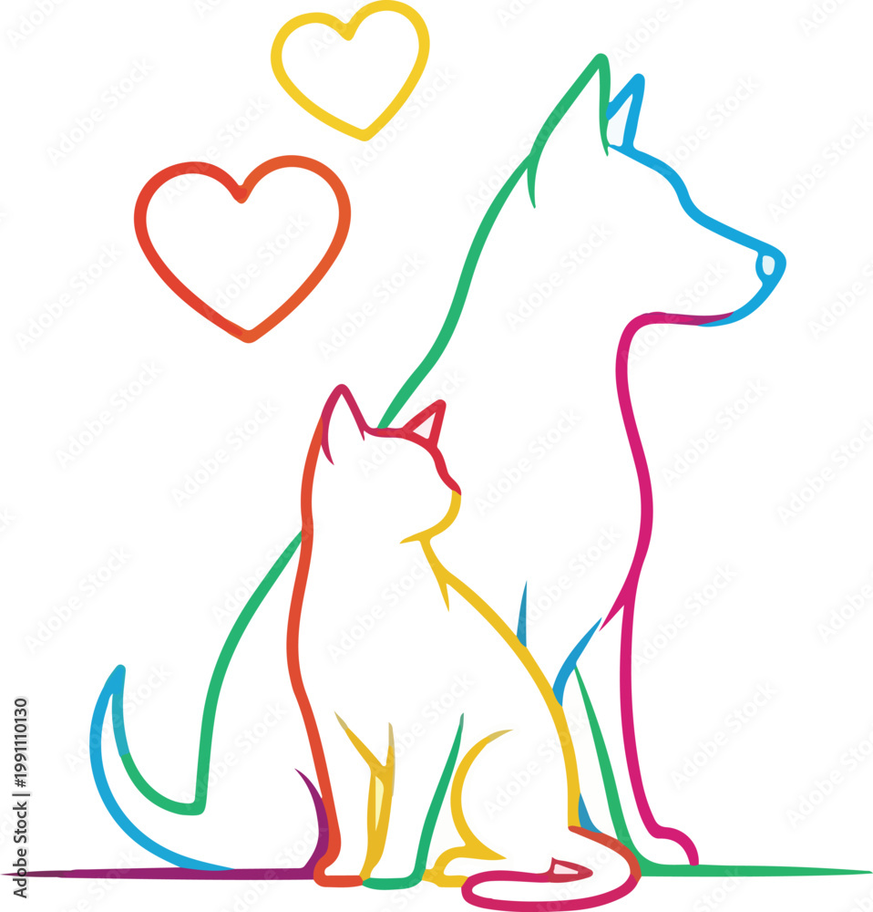 Fototapeta premium Cute cartoon illustration of a cat and dog with a heart and a mouse featuring a vector pet design with animal silhouettes of a cat squirrel, and wolf in a nature art style