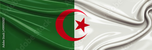 Waving Algeria flag closeup with green and transparent fields, red crescent and star, glossy fabric texture national symbol background