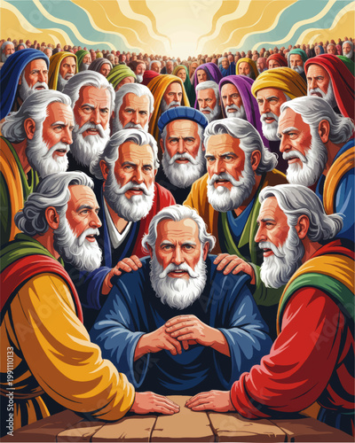 Biblical apostles and disciples gathered in prayerful discussion under radiant heaven, colorful sacred illustration scene