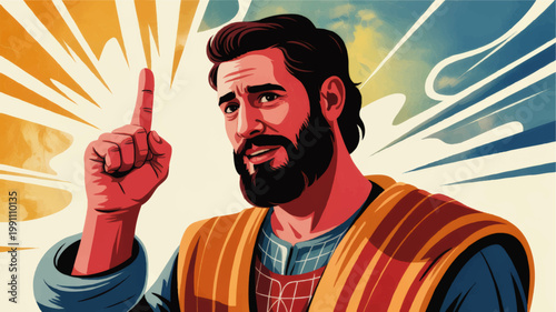 Retro pop art style portrait of thoughtful bearded man raising finger with bright sunburst rays, bold colorful vintage illustration