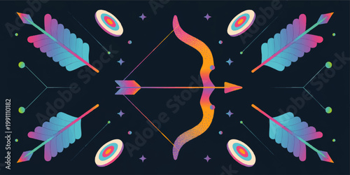 Neon Sagittarius zodiac bow and arrow with targets, feathers and cosmic stars in symmetrical colorful celestial vector art
