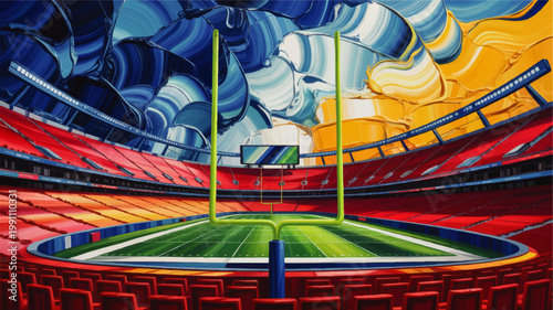 Vibrant American football stadium illustration with goalpost, colorful abstract sky, red seating, green field, and scoreboard