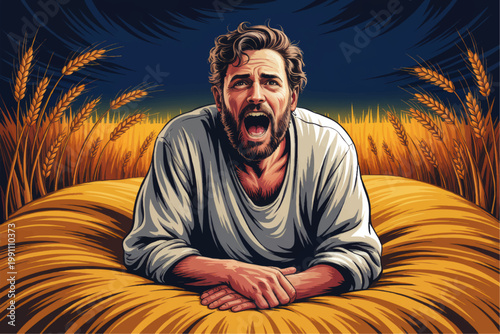 Desperate bearded man screaming in golden wheat field under dark sky, dramatic rural crisis illustration with emotional expression