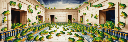 Dramatic biblical illustration of the plague of frogs in Egypt with thousands of green amphibians invading an ancient stone temple courtyard