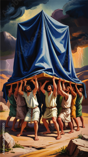 Ancient Israelites Carrying the Ark Under Blue Veil in Desert Storm, Biblical Painting with Lightning and Dramatic Sky