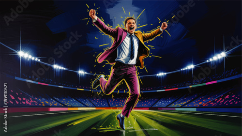 Energetic business leader celebrating victory on stadium field under bright lights, colorful digital illustration of success
