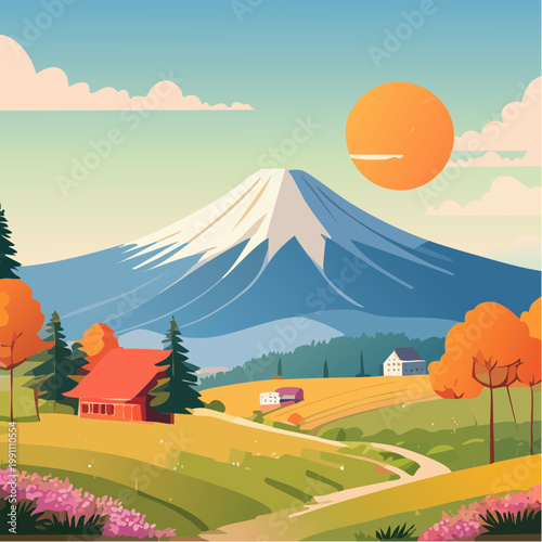 Paysage montagneux avec maisons et arbres d’automne en illustration stylisée