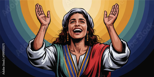 Joyful Biblical Woman Raising Hands in Praise, Spiritual Worship Illustration with Radiant Halo and Colorful Sacred Background
