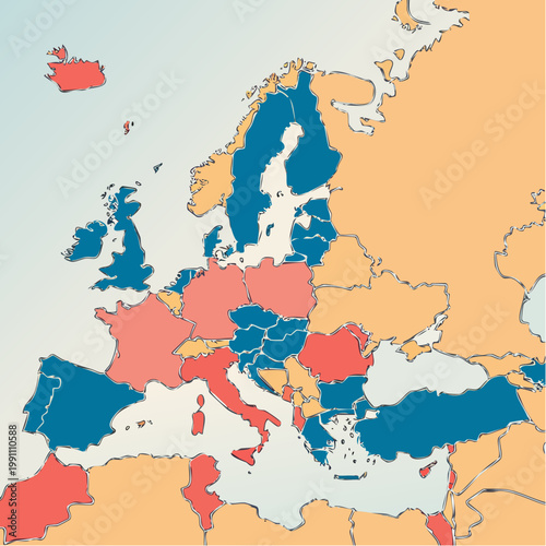 Carte de l’Europe colorée par régions avec frontières détaillées