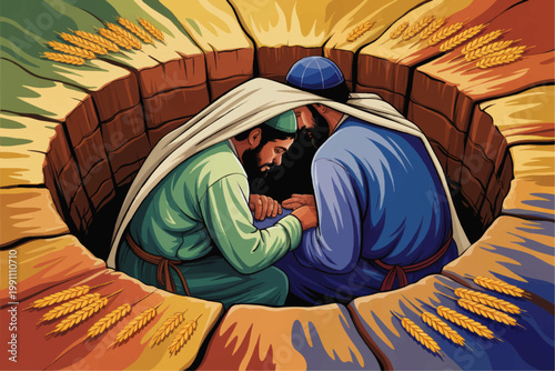 Biblical Brothers Praying in Dry Cracked Earth Pit with Wheat Fields Above, Symbolic Faith, Drought, Hope and Unity Illustration