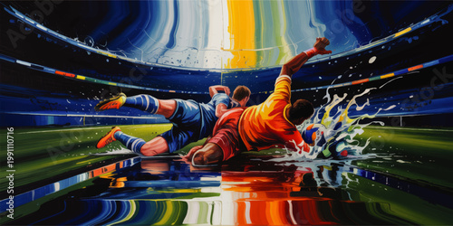 Dynamic Soccer Slide Tackle in Stadium, Colorful Action Illustration of Football Players Colliding Near Ball