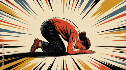 Distressed Woman Curled on Floor in Emotional Pain with Dynamic Burst Lines, Vintage Comic Style Mental Health Illustration