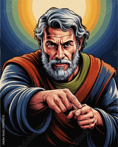 Dramatic biblical prophet portrait pointing forward with retro halo, vintage comic style religious illustration
