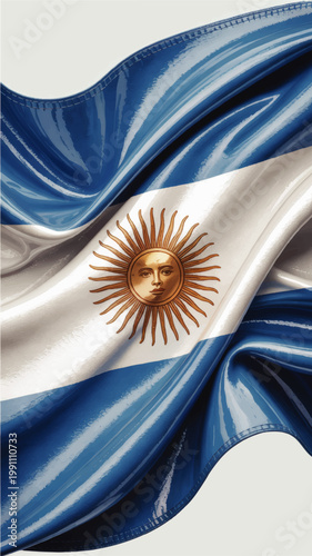Waving Argentina Flag with Sun Emblem Close Up Illustration, Blue and White Fabric Folds, Patriotic National Symbol