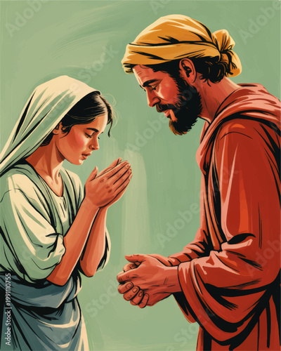 Biblical prayer scene with humble woman and bearded man in traditional robes, spiritual faith illustration on soft green background