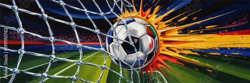 Dynamic soccer ball hitting net in stadium with colorful speed burst, dramatic goal moment illustration for sports banner