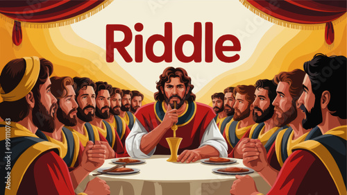 Riddle concept illustration of Jesus and disciples at supper table with chalice under theater curtains, biblical mystery scene