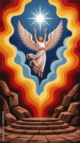 Ascending angel with radiant star above stone altar in celestial sky, spiritual fantasy illustration with dramatic fire clouds