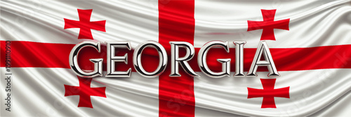 Waving Georgia national flag with metallic Georgia text, red crosses on white fabric, patriotic banner background illustration