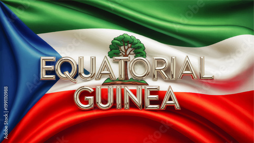 Equatorial Guinea flag illustration with national text and silk folds, patriotic African banner in vibrant green blue red and white