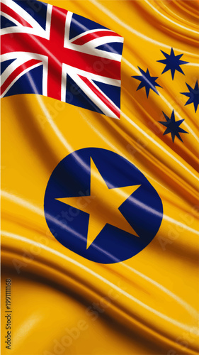 Waving Cocos Islands flag close up illustration with yellow field blue stars Union Jack and silky fabric texture