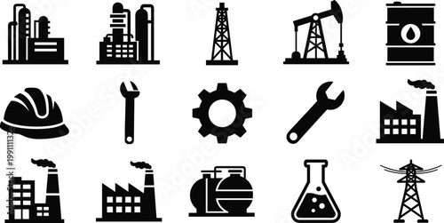 Set of industrial icons including oil refinery, gas drilling, factory buildings, manufacturing equipment, and engineering tools for energy industry.