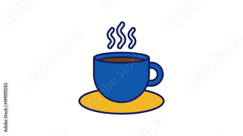 Blue steaming coffee cup on saucer