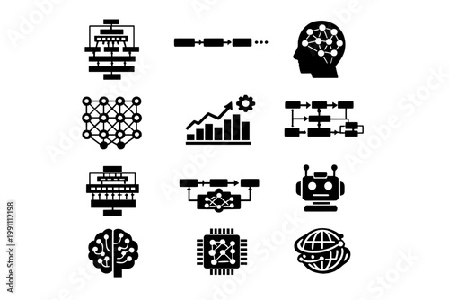 Uniform interaction black icon grid depicting vector modern set ai transformer