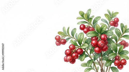 Lingonberry bush with ripe red berries and green leaves, botanical illustration, copy space