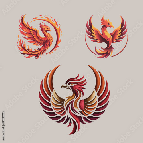 Set of Phoenix Mythical Bird Logos with Fire Wings and Phoenix Mascot Icons