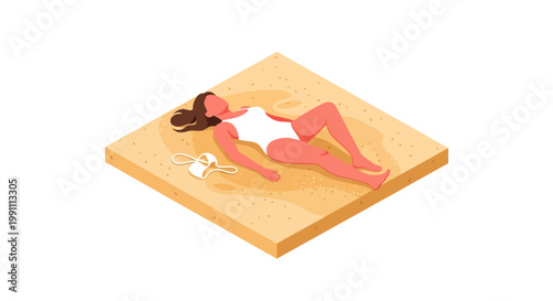 Relaxing on the beach in summer sun: isometric woman sunbathing scene