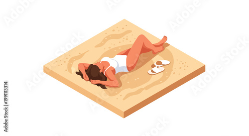 Cuadro en lienzo Isometric beach relaxation scene with sunbathing woman on sandy shore