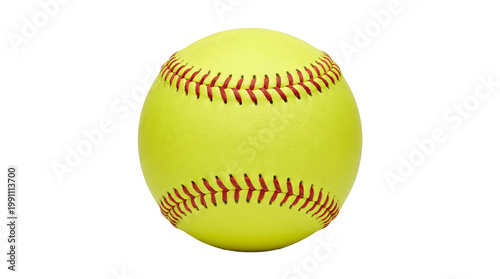 Isolated bright yellow softball with classic red stitching, perfect for a competitive sports game 
