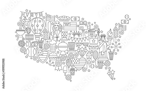 Map USA Line Concept. The United States of America Country. Happy Independence Day. Vector Illustration of Outline July 4th Travel American Celebration. 