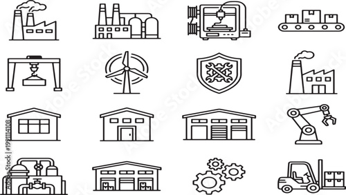 Factory collection of industrial icons manufacturing automation logistics