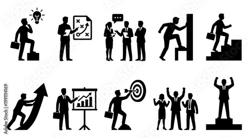 Business Visual Storytelling Silhouette Vector Set – Step-by-Step Success Journey Scenes