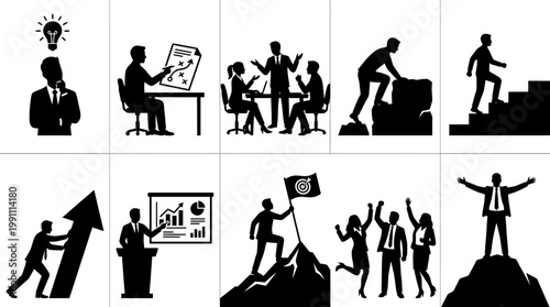 Business Visual Storytelling Silhouette Vector Set – Step-by-Step Success Journey Scenes