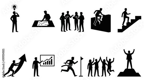 Business Visual Storytelling Silhouette Vector Set – Step-by-Step Success Journey Scenes