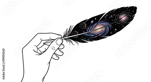 Hand holding a cosmic feather quill.