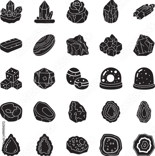 Collection of geological gems and minerals icons for design