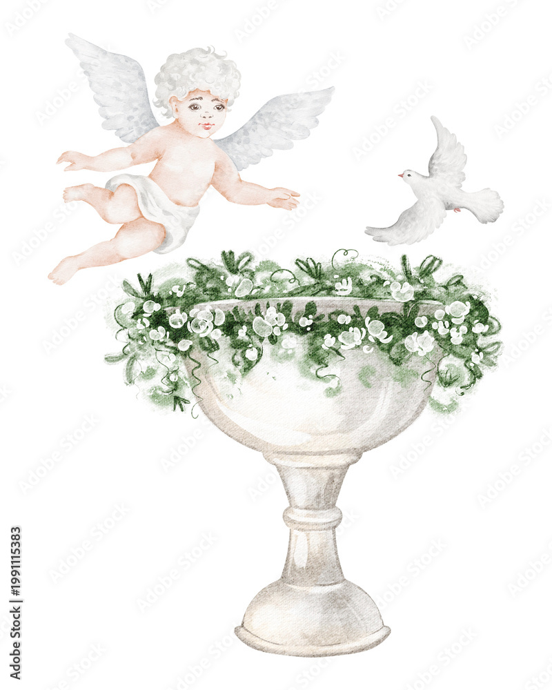 Fototapeta premium Baptism watercolor hand painted illustration with religious sacrament. Christian ceremony with dove, angel, baptismal font, holy water container. Invitation card for christening, celebration, easter.