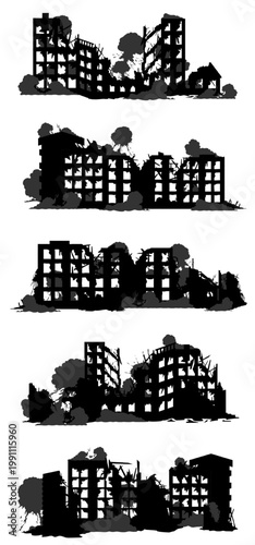 Silhouette set of destroyed city buildings. Ruined architecture, rubble, smoke, shattered window isolated on white. Concept for war zone, earthquake disaster, apocalypse aftermath, bombing destruction
