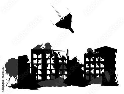 Black silhouette vector of kamikaze drone attack on city buildings. Ruined architecture, UAV air strike, destruction, smoke and rubble isolated on transparent background.  Modern war concept