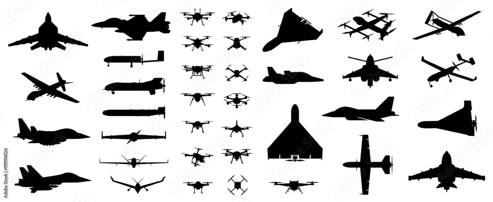 Obraz premium Set of silhouettes of UAV (drones), fighter jets, and military aircraft viewed from multiple angles, showcasing air force strength and unmanned aerial vehicle design variations. Transparent background