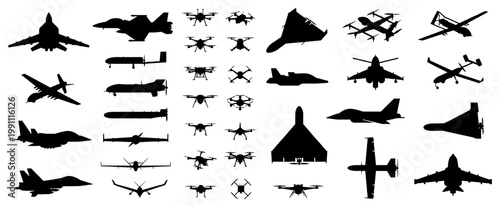 Set of silhouettes of UAV (drones), fighter jets, and military aircraft viewed from multiple angles, showcasing air force strength and unmanned aerial vehicle design variations. Transparent background