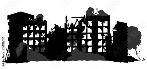 Destroyed city building silhouette isolated on white. Black vector icon of ruined architecture, rubble, and smoke from war, bombing, or air strike. Graphic shape for disaster and conflict design.