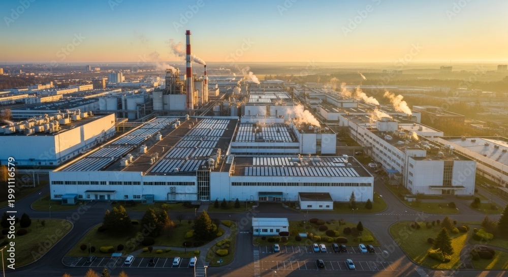 Obraz premium Industrial complex aerial view with factories and smokestacks under a golden sky